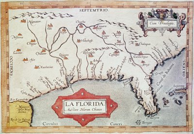 Kartlegging «Florida». Vi kan se Kreftens vendekrets, Bahamas og Tortugasøyene. I «Theatre Orbis Terrarum»» av kartografen Abraham Ortelius (1527-1598) av Unbekannter Künstler