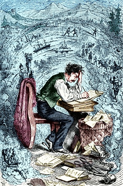 Mark Twain skriver 'The Innocents Abroad', første gang utgitt 1869. Amerikansk forfatter: 30. november 1835 21. april 1910. av Unbekannt