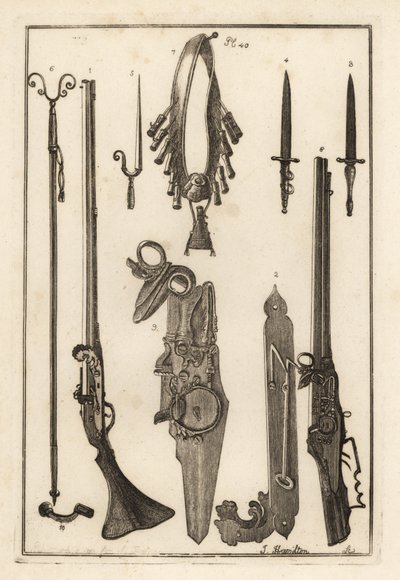 Matchlock-muskett, lås og bajonett fra Tower of London 1-3, bajonett 4, muskettstøtte og bajonett 5, muskettstøtte 6, bandilere og pudderkolbe 7, hjullås 8,9 og skiftenøkkel 10 av Unbekannt