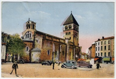 Midi Pyrenees, Haute-Garonne (31), Saint Gaudens (Saint-Gaudens): utvendig utsikt over den kollegiale kirken Saint Peter og Saint Gaudens (Saint-Pierre og Saint-Gaudens) - Postkort datert 1951 av William M. Timlin