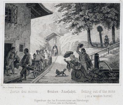 Saltgruve: utgangen av turister fra gruven på et trekjøretøy trukket på skinner, i Durrnburg, Østerrike, rundt 1850 av Unbekannt