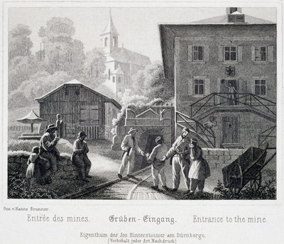 Saltgruve: inngangen til gruven, i Durrnberg, Østerrike, rundt 1850 av Unbekannt