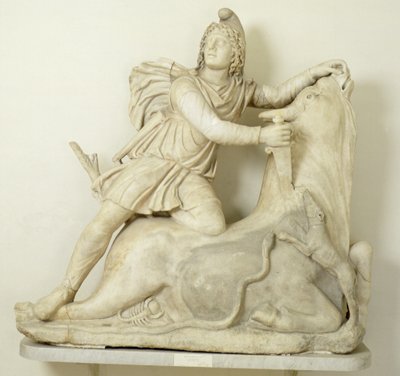 Mithras som ofrer oksen, marmorrelieff, romersk, 2. århundre av Unbekannt