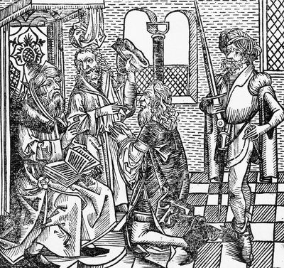 Mohammed ved hoffet, tysk tresnitt, fra Nuremberg Chronicle (Liber Chronicarum) av Hartmann Schedel av William M. Timlin