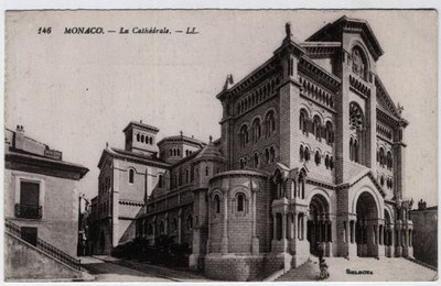 Monaco: utvendig utsikt over Cathedrale Notre Dame Immaculee (Notre-Dame-Immaculee) - Postkort sent på 1800- og 1900-tallet av William M. Timlin