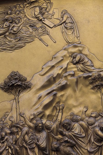 Moses mottar de ti bud Den østlige porten til dåpskapellet i Firenze, også kalt Gates of heaven av Michelangelo 1400-talls bronseskulptur av Lorenzo Ghiberti (1425-1452), Firenze, Italia av Unbekannt