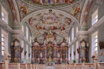 Skib, alter, takmaleri, interiørfotografi, St. George katolske sognekirke, Neustift, Stubaidalen, Tyrol, Østerrike, Europa (foto) av Unbekannter Künstler