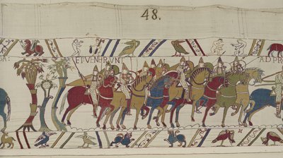 Normanniske soldater forlater Hastings for å kjempe med Harold, Bayeux Tapestry (ullbroderi på lin) av Unbekannt
