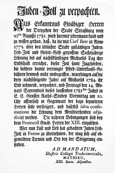 Melding fra Strasbourgs styrende organ for de tretten (Tredecim Viri) om en offentlig auksjon over retten til å kreve "Juden Zoll" i 3 år av Unbekannt