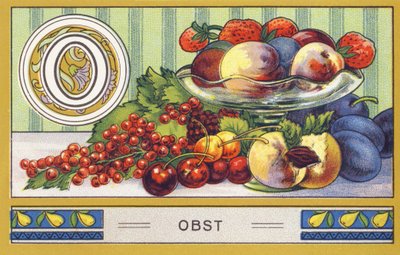 O : Frukt - Alfabet Palmin. Serie med kromolitografier redigert av H. Schlinck & Cie, Hamburg, s.d. . Publicite pour Palmin fineste kokosfett. Mål: 7 x 11 cm av William M. Timlin