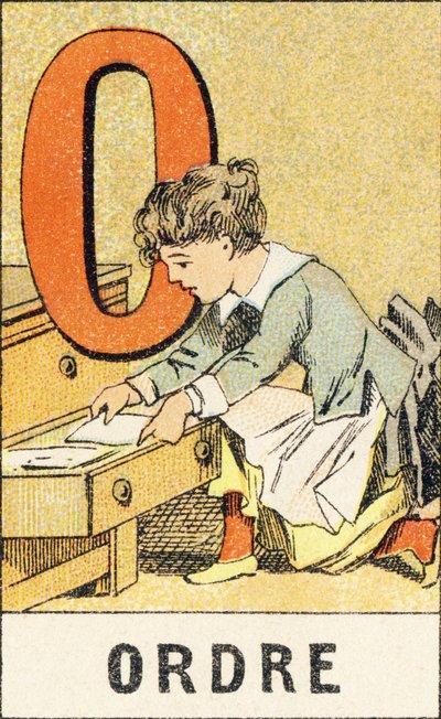 O: Bestilling - Gravering hentet fra ABCD av små jenter. Pellerin & Cie, trykkeri-utgiver, Epinal, rundt 1890. Serie A. Mål: 19 x 13,5 cm. av Unbekannt
