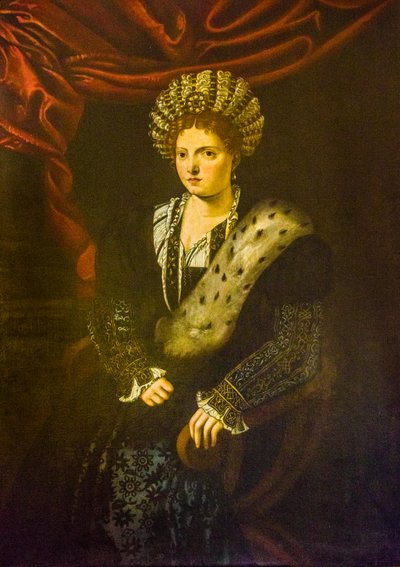 Oljemaleri av Isabella d'Este, kopi av Tiziano Vecellio, ca. 1630, Palazzo Ducale, Royal Palace, Castle San Giorgio, Mantua, Lombardia, Italia, Europa (bilde) av Unbekannter Künstler