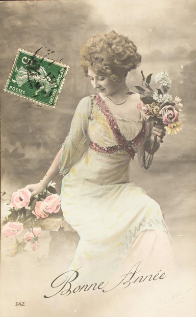 Gammelt postkort/Godt år/Wish/Woman Belle Epoque av William M. Timlin