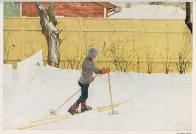 Et av barna til den svenske illustratøren Carl Larsson (1853-1919) som lærte å bevege seg på ski. Tegning fra "" Das haus in der sonne"" 1921 av Unbekannt