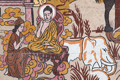 Ong Nui buddhistpagode, veggfreskomaleri, Buddhas liv, Quy Nhon, Vietnam, 2019 (bilde) av Unbekannt
