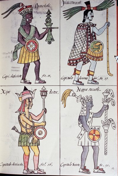 Opochtli, Xipe Totec, Yacatecuhtli og Nappatectli, Side fra Florentine Codex, General History of the Things of New Spain, Aztec av Benjamin Baud