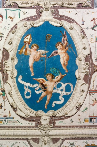Oval som viser tre putti (1560), detalj av Hall of Grotesques