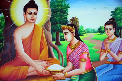 Maleri som viser Buddha som mottar tilbud. Kambodsja av Unbekannt