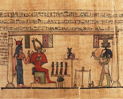 Papyrus fra First Book of Breathing of Ousirour, Thoth veiende sjelen til Ousirour før Isis og Osiris av David Mosé