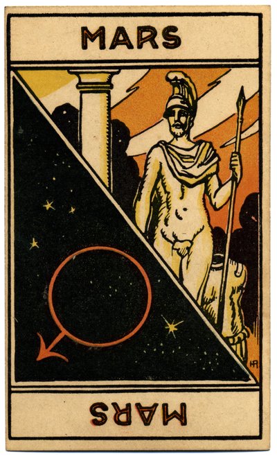 Paranormalt. Astrologi. Mars (planet). Astrologisk kort fra: Le Tarot Astrologique (Astrologisk Tarot), av Georges Muchery, Frankrike av Unbekannter Künstler