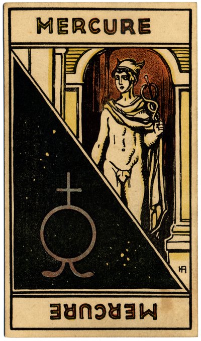 Paranormalt. Astrologi. Merkur (planet). Astrologisk kort fra: Le Tarot Astrologique (Astrologisk Tarot), av Georges Muchery, Frankrike av Unbekannter Künstler
