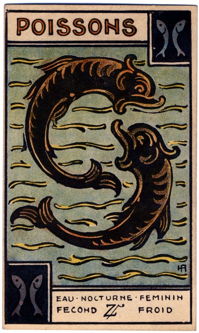 Paranormalt. Astrologi. Fiskene (fisken). Astrologisk kort fra: Le Tarot Astrologique (Astrologisk Tarot), av Georges Muchery, Frankrike av Unbekannter Künstler