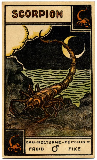 Paranormalt. Astrologi. Skorpionen (Skorpionen). Astrologisk kort fra: Le Tarot Astrologique (Astrologisk Tarot), av Georges Muchery, Frankrike av Unbekannter Künstler