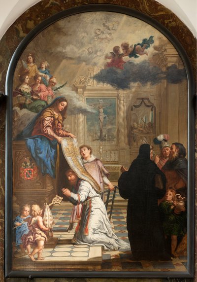 Sognekirke (Vår Frues sognekirke). Interiør. Maleri. Vår Frue gir et kapsel til Saint-Ildefonsus. av Unbekannter Künstler