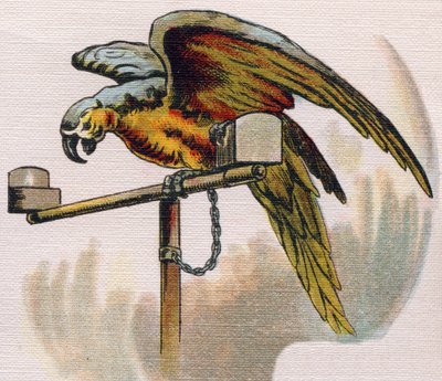 Papegøye på en abbor. Gravering i "ABC L'alphabet des bebes". Ubrytelig volum på lerret i kromolitografi. A. Capendu, redaktør, Paris. Tidlig på 1900-tallet, rundt 1905. Bilder av engelsk opprinnelse, ledsaget av ord på fransk som tilsvarer h av Unbekannt