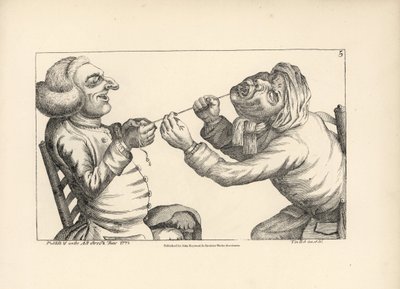 Lege ler mens han trekker ut en pasients tann med en hyssing. Kobbergravering etter en satirisk illustrasjon av Timothy Bobbin (John Collier) (1708–1786) fra Human Passions Delineated, John Haywood, Manchester. av Unbekannter Künstler