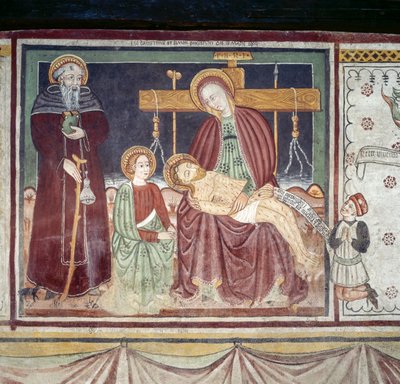 Pieta med St Anthony Abbed, fresco, Homo Salvadego museum, Sacco, Cosio Valtellino, Lombardia, Italia av Benjamin Baud