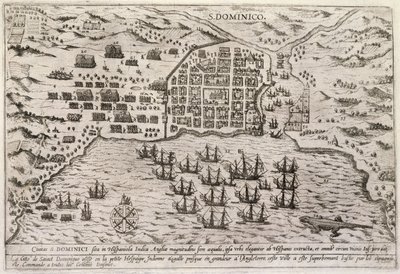 Plan for Drakes angrep på Santo Domingo, ca. 1595 (gravering) av Unbekannter Künstler