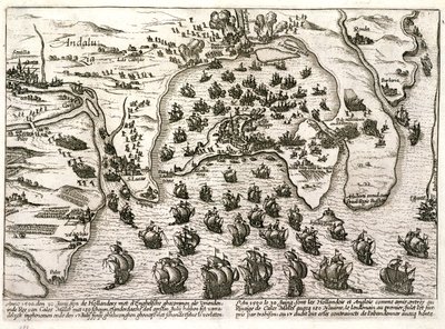 Plan over havnen i Cadiz i 1596 på tidspunktet for angrepet av Sir Walter Raleigh (gravering) av Unbekannter Künstler