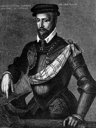 Portrett av Gaspard de Coligny, Seigneur de Chatillon (1519-1572), fransk adelsmann, admiral og huguenotleder i franske religionskriger, gravering av William M. Timlin