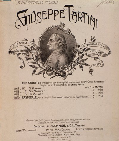 Portrett av Giuseppe Tartini. Frontispice av musikalsk partitur av Sonatas av Unbekannter Künstler