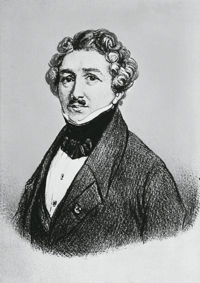 Portrett av Louis-Jacques-Mande Daguerre (1787-1851), fransk kunstner, fysiker og kjemiker, anerkjent for sin oppfinnelse av daguerreotypi prosess for fotografering av William M. Timlin