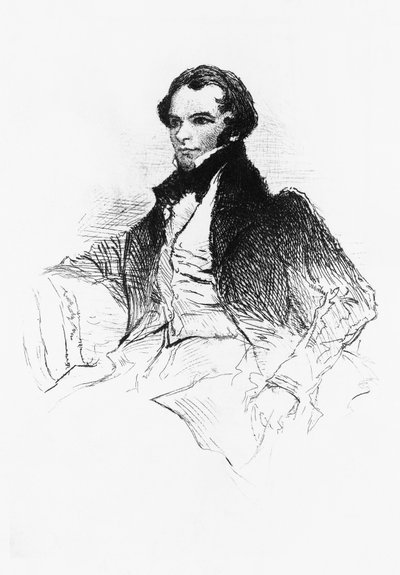 Portrett av Prosper Merimee (1803-1870), fransk forfatter, dramatiker, historiker og arkeolog, gravering fra Prosper Merimee, Ses portretter, ses dessins, sa bibliotheque, av Maurice Tourneux, utgitt av Charavay freres av William M. Timlin