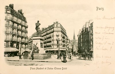 Postkort/sted Maubert/Statue Etienne Dolet/Paris/Seine/Ile de France/Frankrike av William M. Timlin
