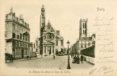 Postkort / Saint Etienne du Mont / Tour de Clovis / Paris / Seine / Ile de France / Frankrike av William M. Timlin