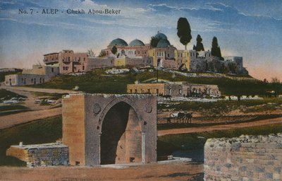 Postkort som viser Shaykh Abu Bakr-moskeen i Aleppo, Syria, ca. 1920 (fotolito i farger) av Unbekannt