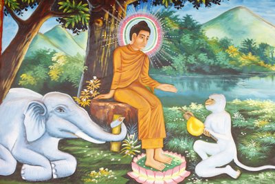 Preah Prom Rath MonasteryLife of the BuddhaSiddhartha Gautama med den hengivne elefanten og apen, Siem Reap, Kambodsja av Unbekannt