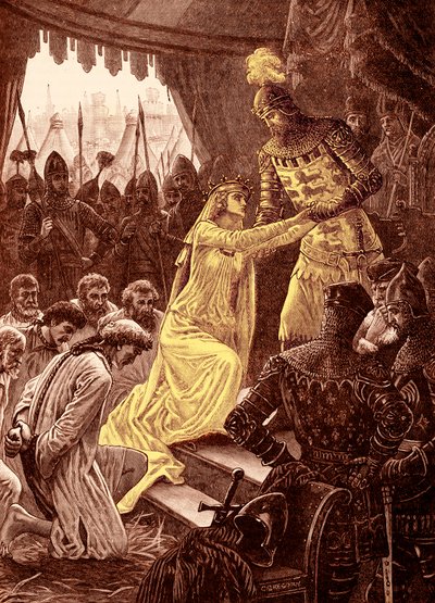 'Dronning Philippa går i forbønn for borgerne i Calais' i 1347 (gravering) av Unbekannter Künstler