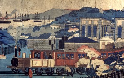 Jernbane i en japansk havn, sent på 1800-tallet (gravering) av Unbekannter Künstler