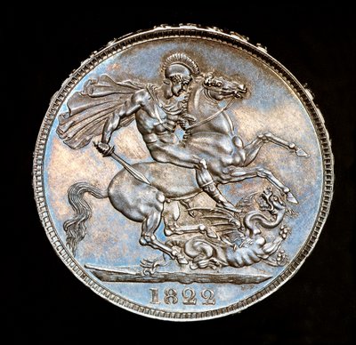 Sjelden britisk mynt, Kong Georg IV, Proof sølvkrone, Englands skytshelgen til hest med sverd i ferd med å drepe dragen, dør av Bernedetto Pistrucci av Unbekannter Künstler