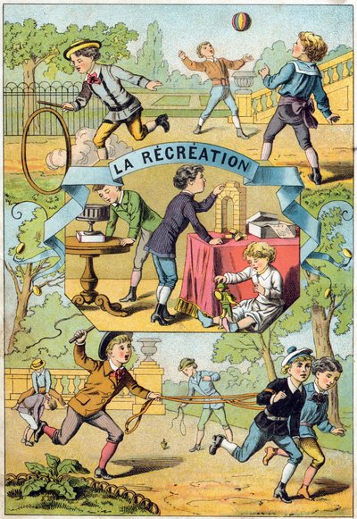Rekreasjon i skolegården. Gravering i "Alphabet des petits ecoliers". Avbildning av Epinal, ca. 1885. Privee Collection av Unbekannt