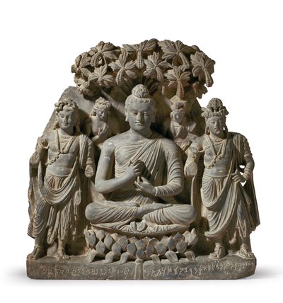 Reliefstriade av Buddha Shakyamuni med bodhisattvaer, 3.-4. århundre (grå skifer) av Unbekannter Künstler