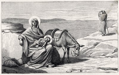 Hvil under flyturen til Egypt. Alfabetet til Jesusbarnet. Utgave 1932. Treskjæringer signert H G. Privat samling av Unbekannt