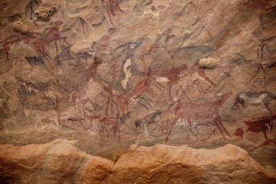 Bergkunst, forhistorie: Bergmaleri av en gruppe storfe og polykrome karakterer i et utsmykket ly, i Uweinat-massivet, Sudan. Periode fra 8000 til 3000 år f.Kr. Fotografering av Unbekannt