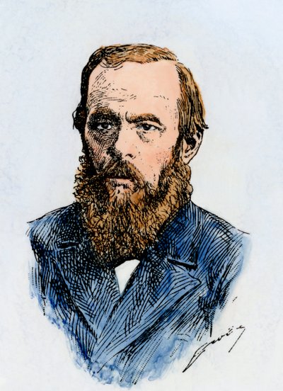 Den russiske forfatteren Fjodor Dostojevskij (1821–1881). Håndkolorert tresnitt av en illustrasjon fra 1800-tallet. av Unbekannter Künstler