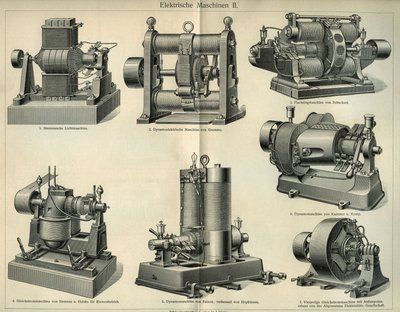 Vitenskaps- og teknologistyre som representerer tyske elektriske maskiner. Illustrasjon hentet fra “Meyers Grosses Konversations - Lexikon””” 1904. Bibliographers Institute, Leipzig og Wien av Unbekannt